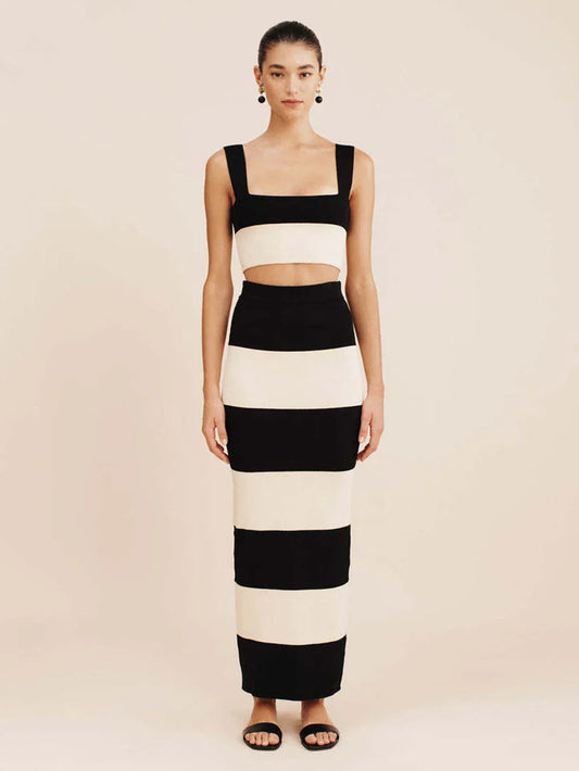 Striped Knitted Crop Top and Midi Skirt Suit