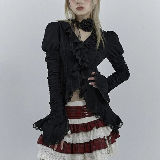 Dark Black Lace Flare Sleeve Shirt Black / S
