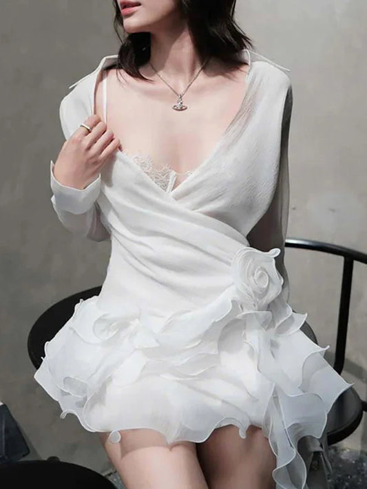 Appliques Ruffles Draped Long Sleeve Dress