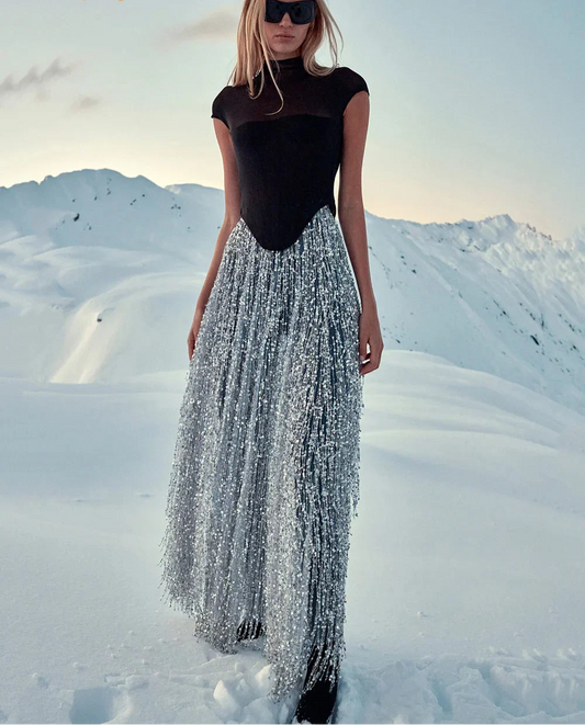 Black Fishbone Top Sequin Mesh Long Skirt Set