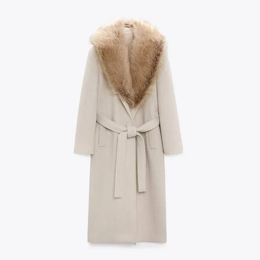 Wool Lace-Up Fur Lapel Thick Over Coat