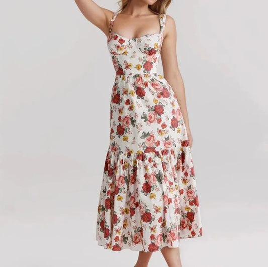 Flower Print Corset Style Ruffles Hem Midi Dress