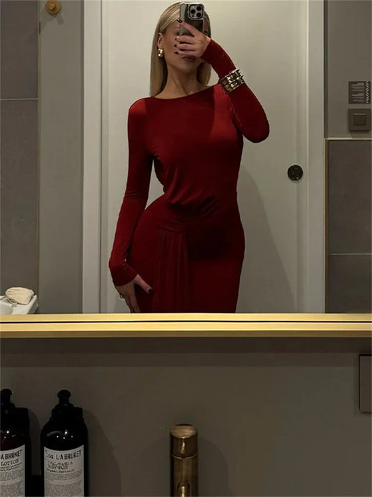 Red Lace-Up Pleated Long Sleeve Maxi Dress