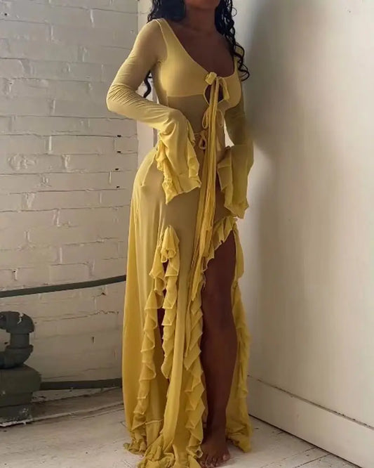 Summer Slim-Fit See-Through V-Neck Long Sleeve Dress