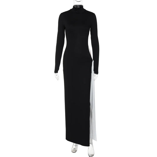 Turtleneck High Slit Contrast Color Ribbon Dress