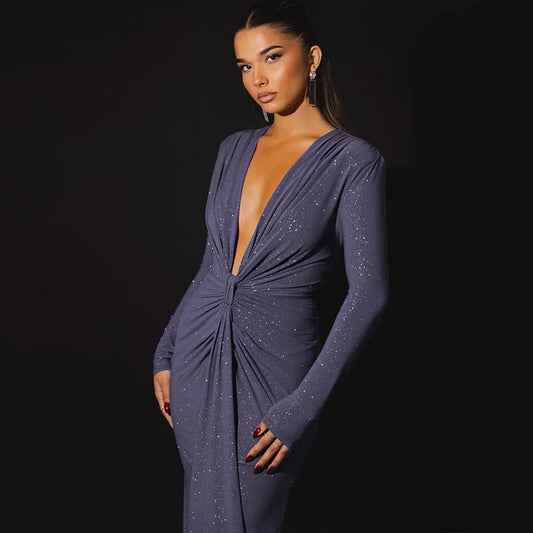 Elastic Deep V-Fold Lace Maxi Dress