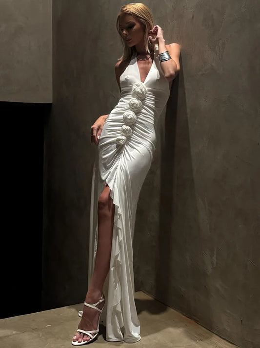 White Floral Halter Sleeveless Ruffled Long Dress