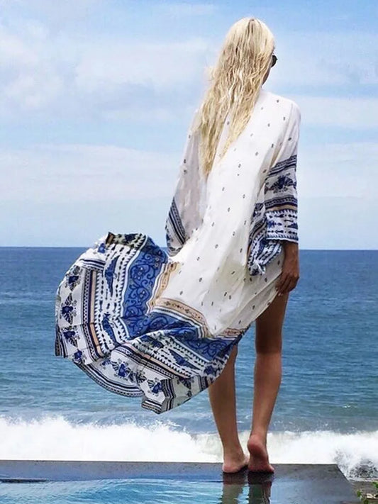 Printed Open Stitch Long Sleeve Cover Up Blue / One Size
