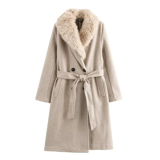 Faux Fur Collar Full Sleeves Belted Long Coat