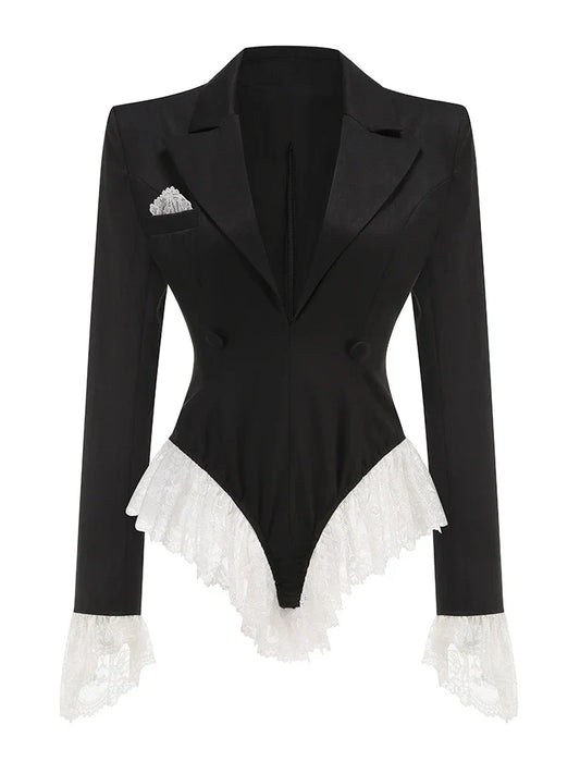Lace Patchwork Black Long Sleeve Bodysuit