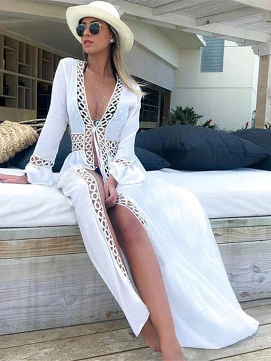 Deep V-Neck Hollow Out Bikini Cover Up WHITE / One Size