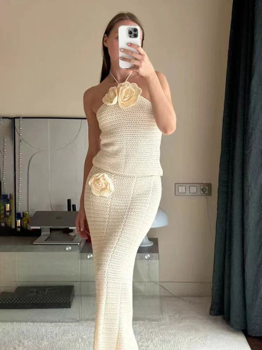 Knitted Crochet Slim Halter Beachwear Cover-Up Dress