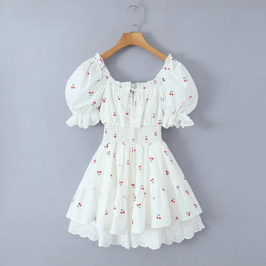 Print Puff Sleeve Ruffles Lace-up Mini Dress