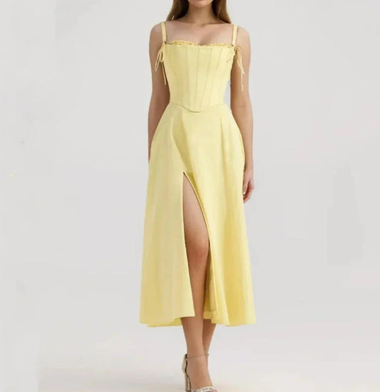 Yellow Slit Midi Dress and Cross Lacing up Top Set