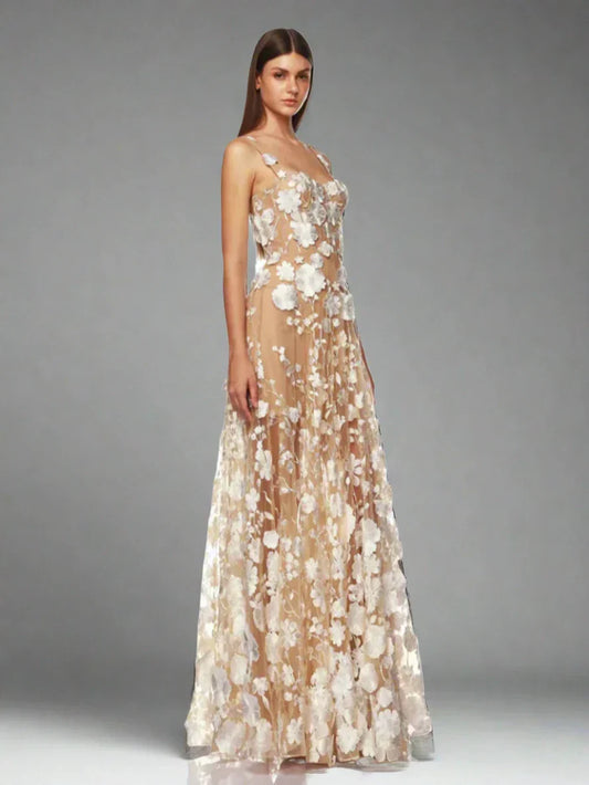 Floral Embroidered Mesh Maxi Dress