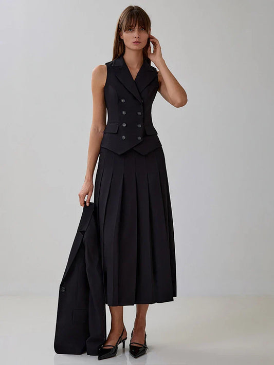 Notched Collar Pleated Skirt Suit Two Piece Sets