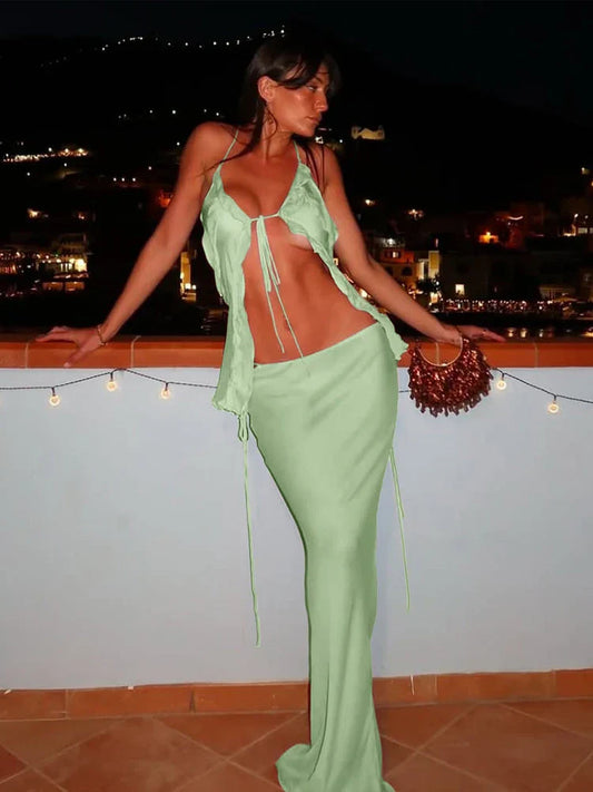 Mesh Irregular Ruffles Backless Tops and Long Skirts Suits