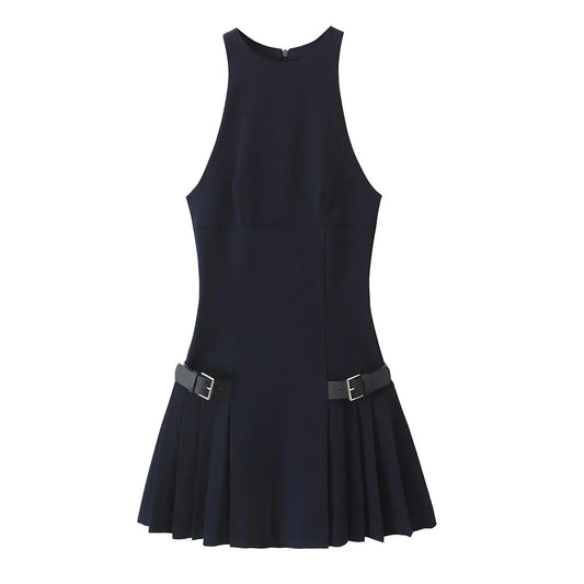 Solid Sleeveless Back Zipper Belt Pleated Dress