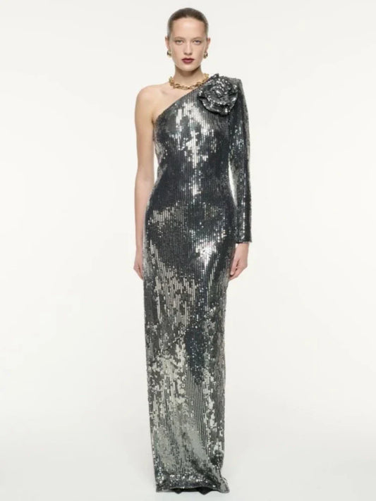 One Shoulder 3D Flower Sequin Dress