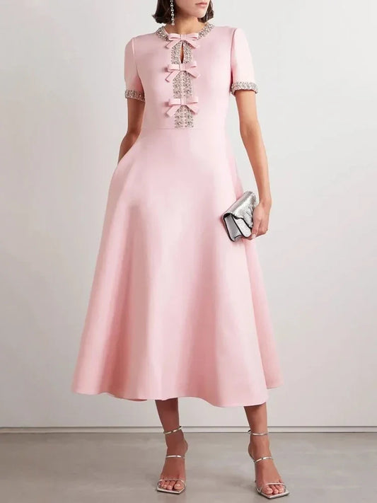 Diamond Edge Bowknot Short Sleeve Midi Dress