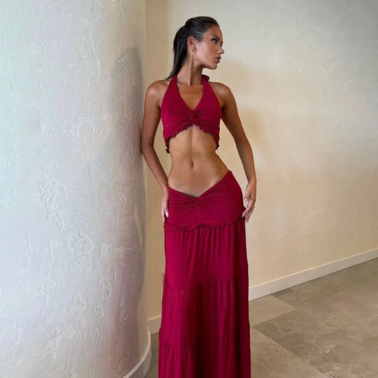 Halter Twist Crop Top and Pleated Long Skirt Suit