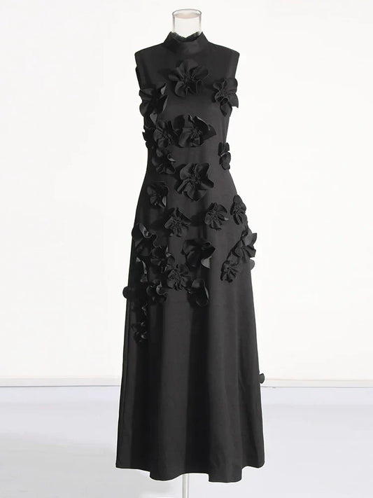 3D Flower Appliqué Mock Neck Midi Dress