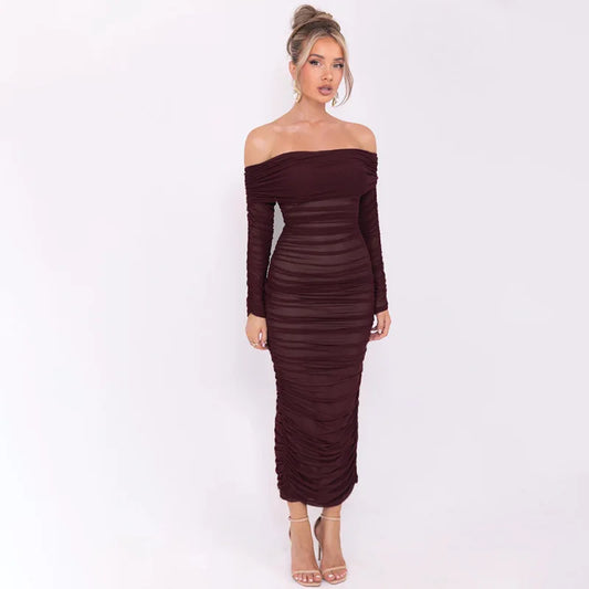 Off-shoulder Slash Neck Solid Maxi Dress