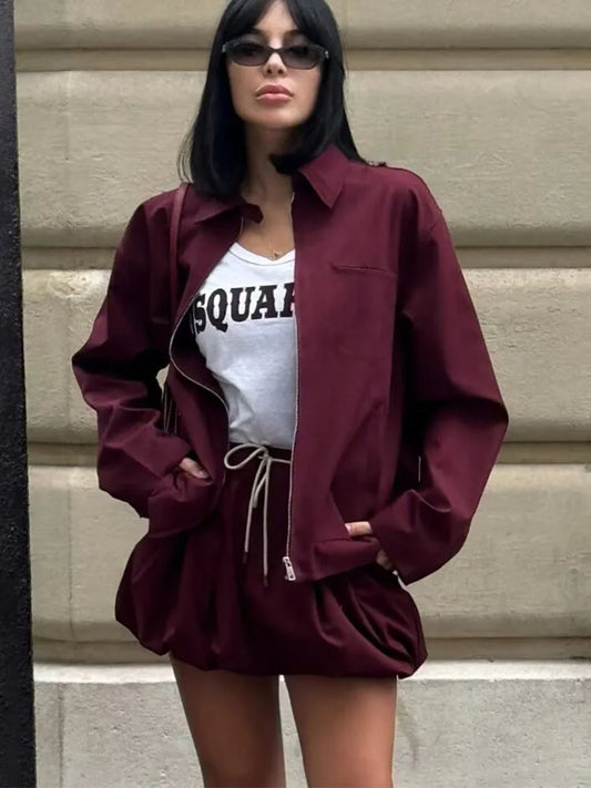 Zipper Lapel Burgundy Color Jacket and Skirt Suit