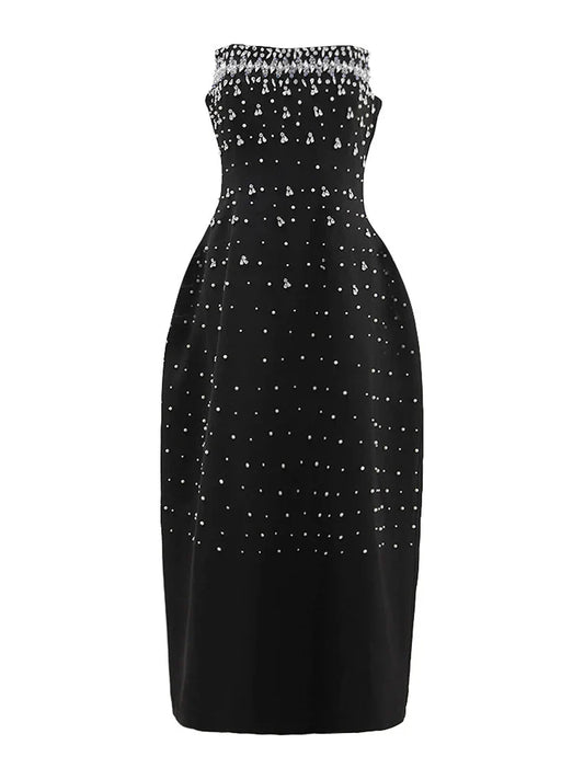 Diamonds Black Crystal Pearl Mini | Midi Dress