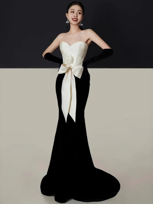 3D Flower Bowknot Patchwork Velvet Dress