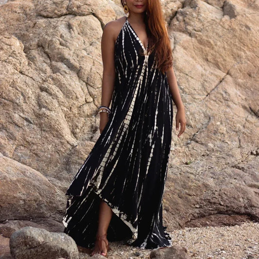 FashionSierra - 2025 Sexy Backless Halter Necktie Printed Boho Dress