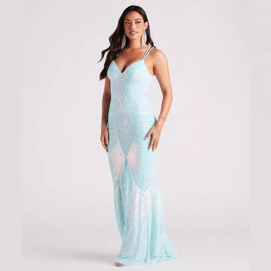 V Neck Sequ Floor-Length Evening Dress Elegant Cocktail Party Party Dress