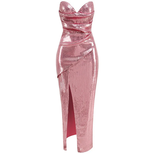Sequined Strapless Slit Lace Up Ankle Length Dress