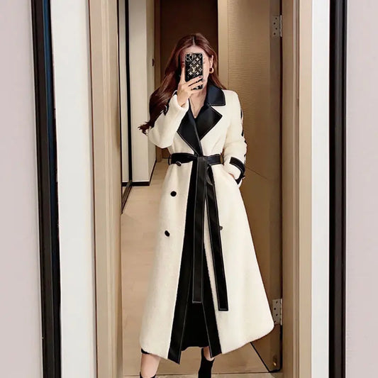 Contrast Color Patchwork Overcoat with Belt