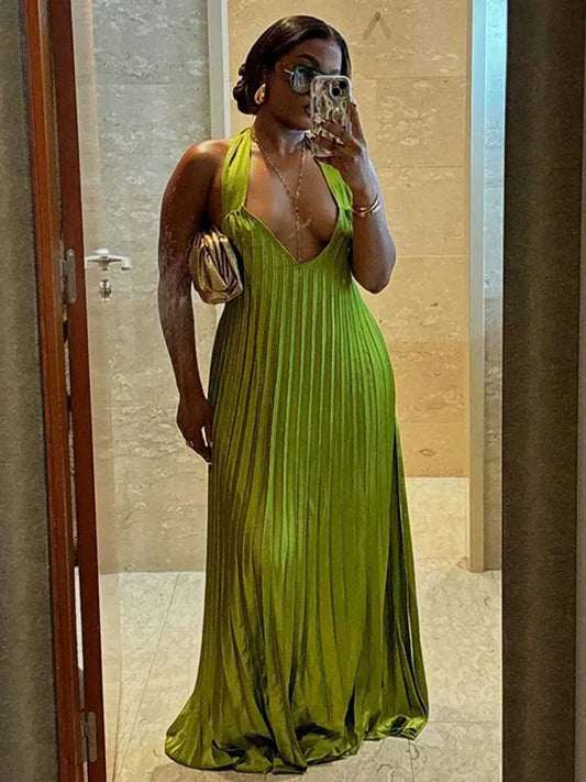 Pleated Hollow Out Halter Neck Long Dress