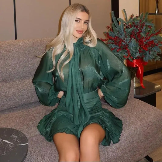 Long Lantern Sleeve Blouse and Pleated Skirt Suit