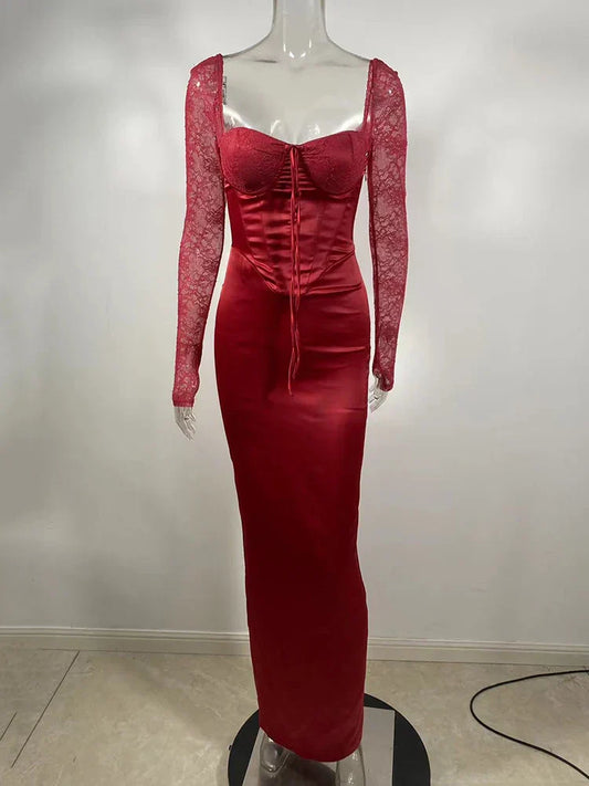 Square Collar Lace-Up Backless Long Sleeve Maxi Dress