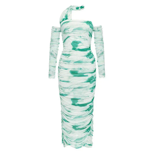 Halter Open Shoulder Printed Lace Fold Midi Dress