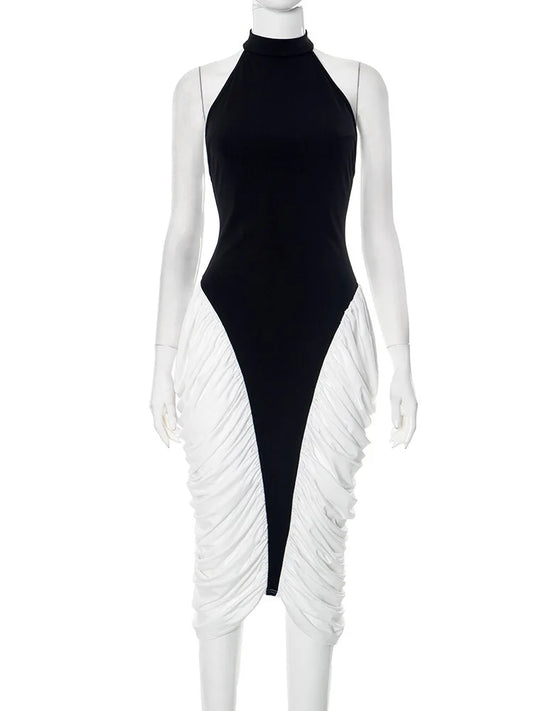 Patchwork Halter Backless Contrast Pleated Midi Dress