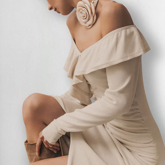 Slim Fit Ruffled Dress High Sense Khaki off Neck Tube Top Split Fishtail