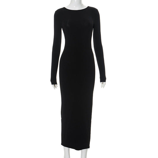 Solid Color Hip Round Neck Backless Long Sleeves Dress