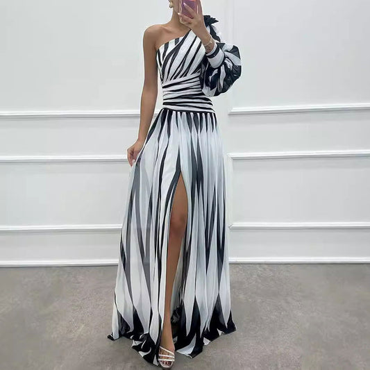 Printed Diagonal Shoulder Split Dress Casual Loose Party Dress Dress