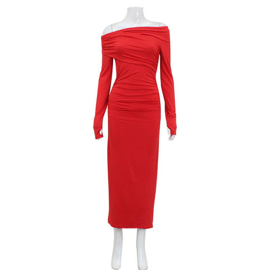 Off Shoulder Long Sleeve Waist Controlled Hip Dress Elegant Retro Red