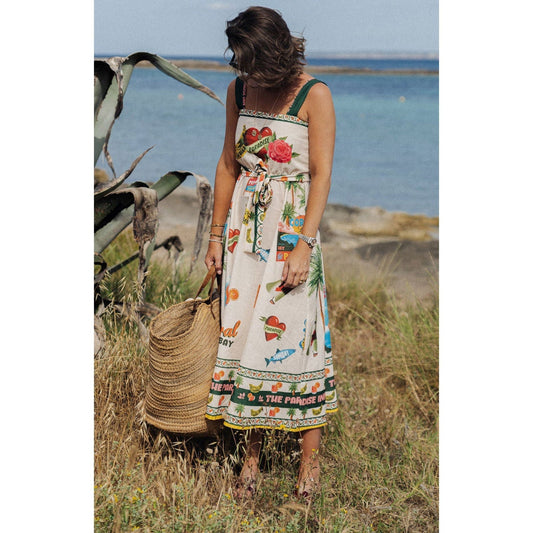 Suspender Printing Pleated Dress Loose Casual Holiday Dress