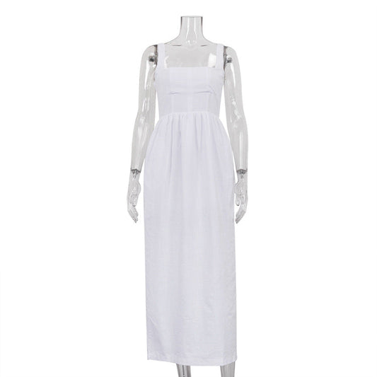 White Cami Casual Fold Split A line Long Dress