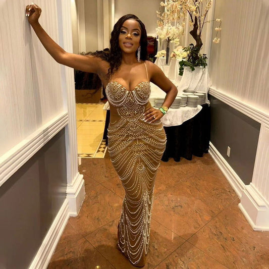 Strap Rhinestone Bubble Ball Evening Dress Maxi Dress for