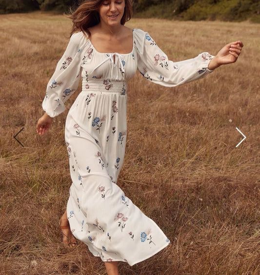 FashionSierra-Cotton White Maxi Vintage Floral Embroidery Spring/Autumn Robe Long Sleeve Casual Boho Dress