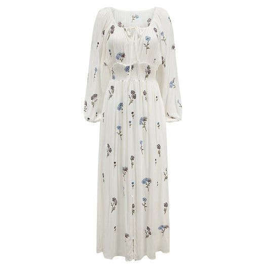 FashionSierra-Cotton White Maxi Vintage Floral Embroidery Spring/Autumn Robe Long Sleeve Casual Boho Dress