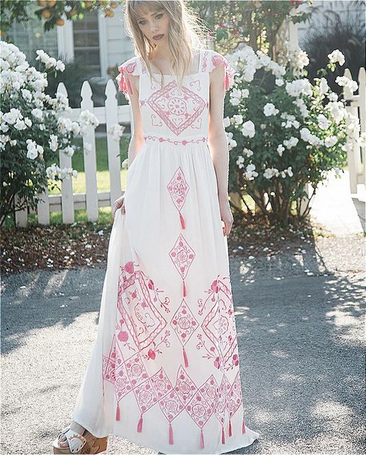 FashionSierra-Ethnic  Floral Embroidery  Cotton  Long  Sexy  Backless  Tassel Fringe  Sleeveless  Summer Boho Dress