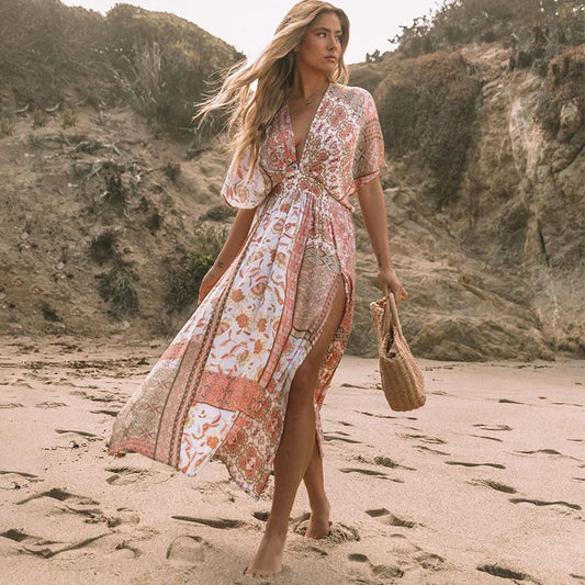 FashionSierra-Floral Printed Cover-Ups Women Casual Deep V Neck Elastic Waist Short Sleeve Summer Long Beach Boho Dress